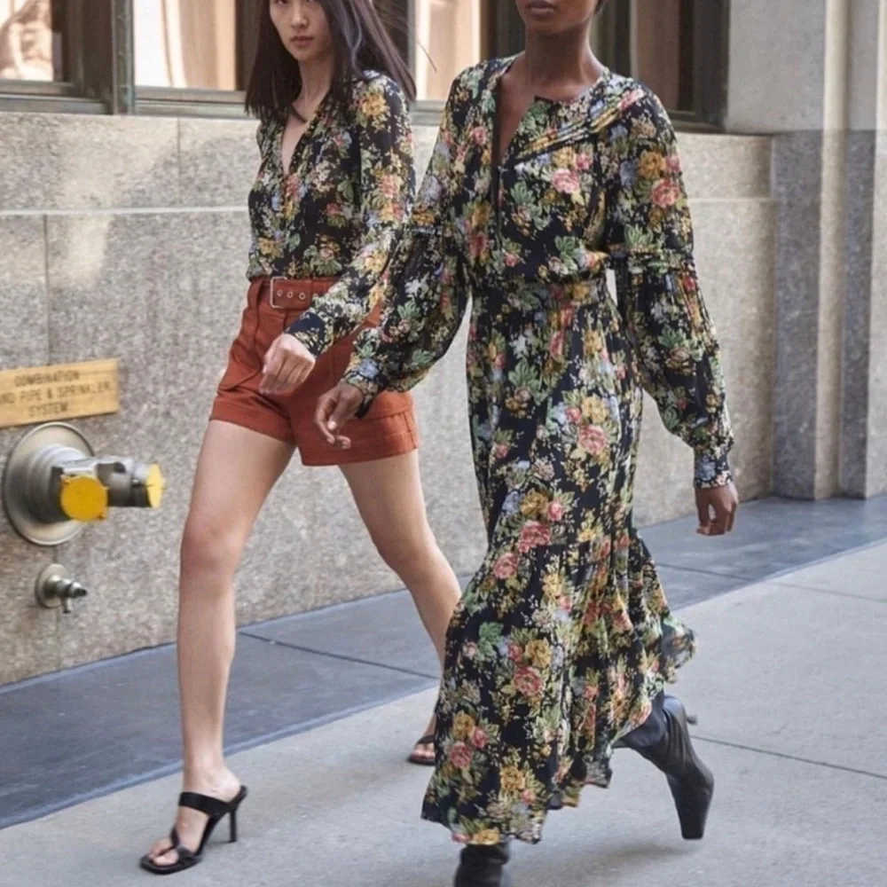 10 Crosby Derek Lam Black Floral Print Layered Long Dress